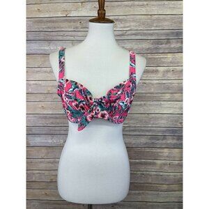 Marie Meili 36C Floral Bikini Top Pink Green Hibiscus Tie Detail Underwire Mesh